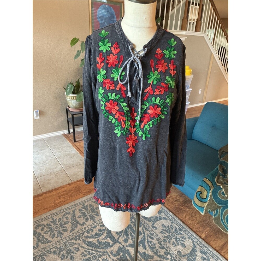 Sacred Threads Top L/XL Boho Black Embroidered V-Neck Lace Up Long Sleeve